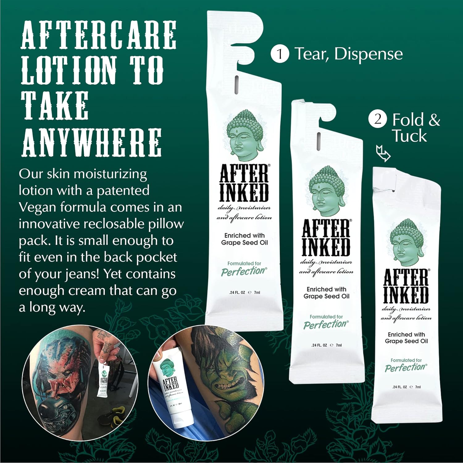 After Inked Tattoo Aftercare Lotion – Tattoo Moisturizing Balm, As Seen on INK MASTER – Hydrating Cream with Grape Seed Oil, Skin Nourishment & Daily Maintenance, Reclosable Pillow Pack (50-Pack), 7ml - Image 2