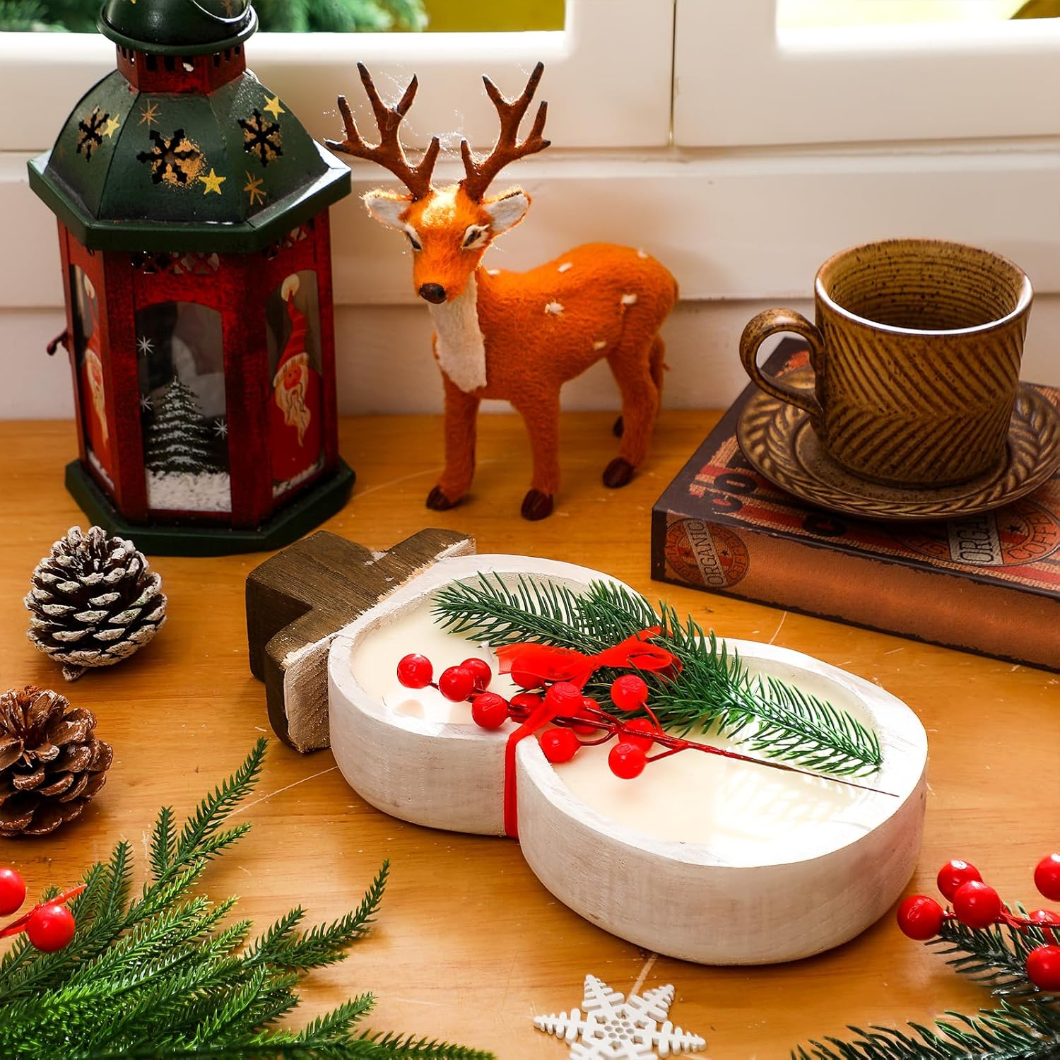 Christmas Snowman Wooden Dough Bowl Candles - Farmhouse Bowl Candles for Wedding, Birthday & Christmas Gifts