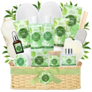 Spa Gift Basket - Tea Tree Bath Set With Shower Gel, Bubble Bath, Hand Cream, Soap, Salt, Essential Oil - Luxury Body Gift Kit for Women