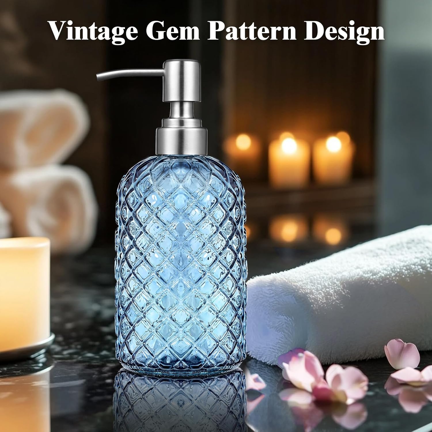 Blue Glass Soap Dispenser 18 oz Gem Pattern Stainless Steel Pump for Kitchen - Image 2