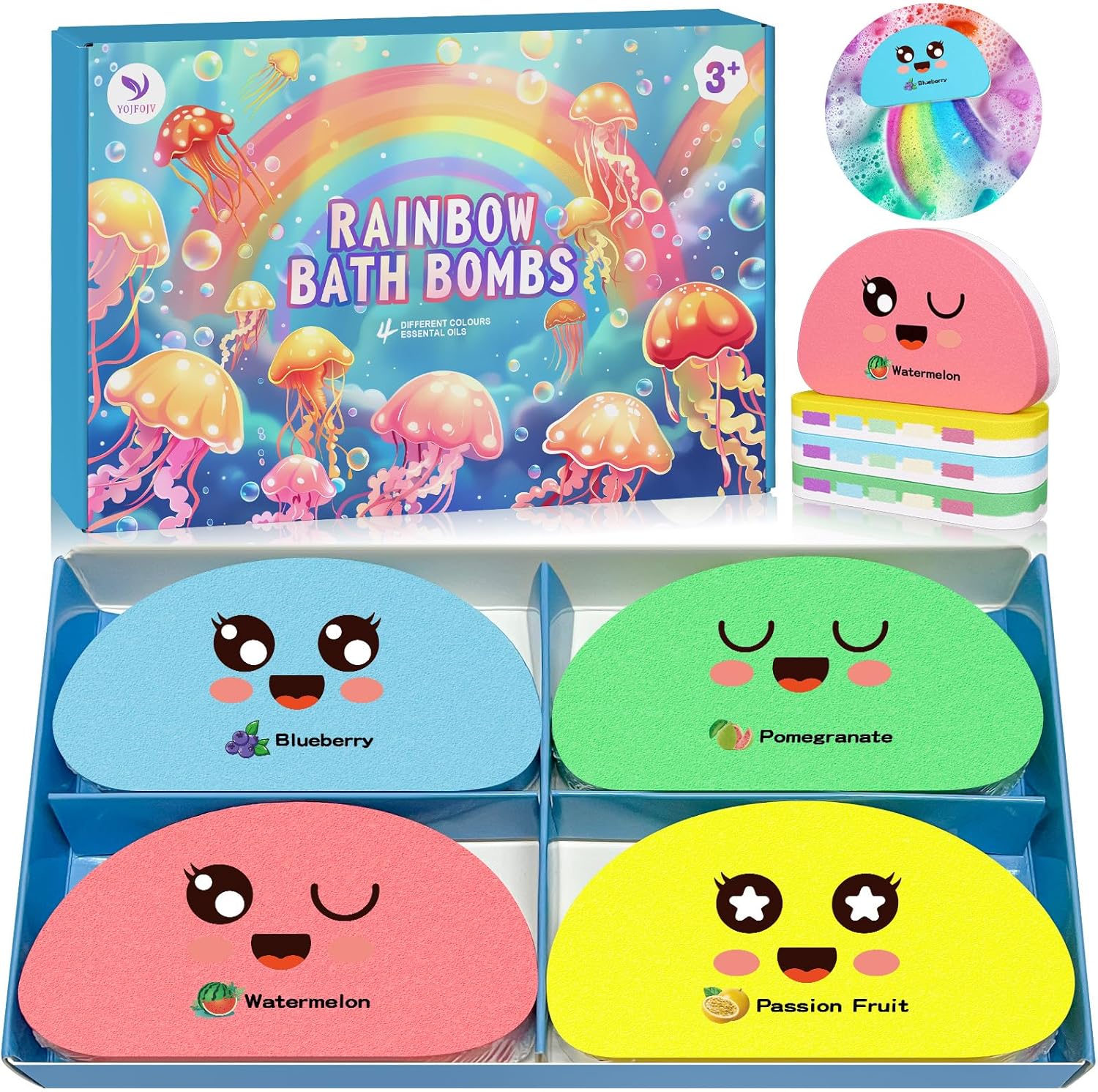 Bath Bombs for Kids Gift Rainbow Set, 4 Pack Handmade Natural & Organic Kids Bath Bombs for Boys,Bubble Bath Fizzy with Surprise Colors, Birthday Gifts for Boys and Girls,Bath Toys for Ages 4-8