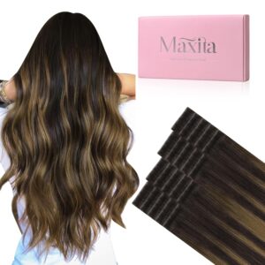 MAXITA Invisi Edge Tape in Hair Extensions Human Hair 16 Inch 50g 20pcs Balayage Dark Brown to Chestnut Brown Seamless Invisible injected tape in hair extensions Silky Smooth