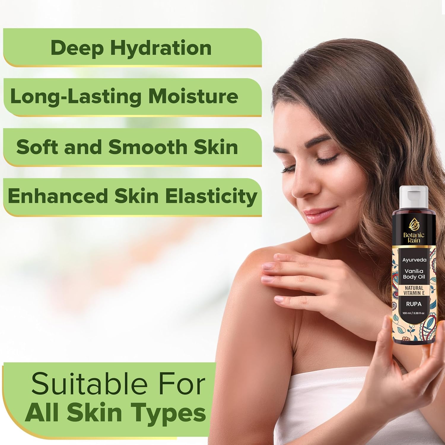 Ayurveda Vanilla Body Oil, Moisturizing & Hydrating Organic Vitamin E Oil, Body Oil For Women After Shower, Ayurveda Products For Crepey Skin - 3.38 Fl Oz (1) - Image 3