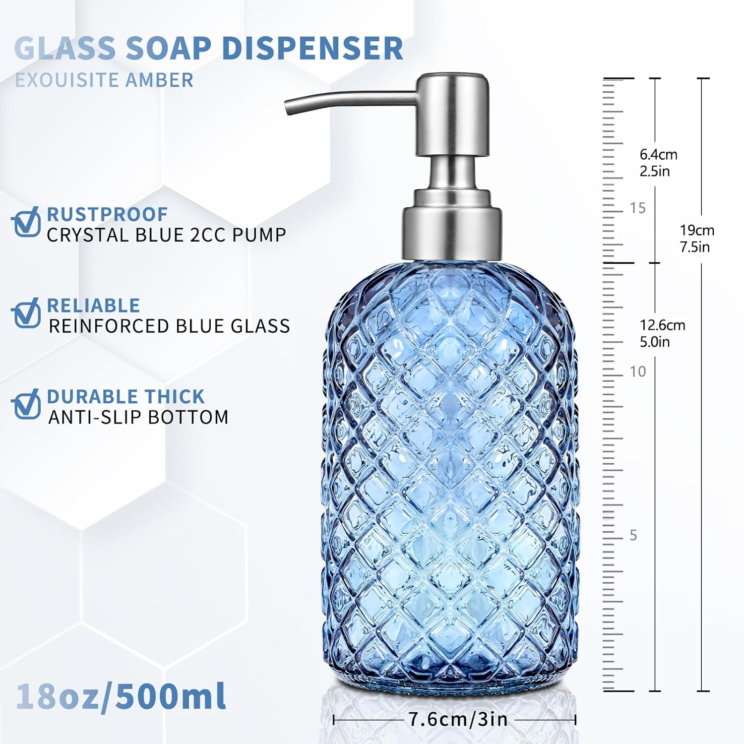 Blue Glass Soap Dispenser 18 oz Gem Pattern Stainless Steel Pump for Kitchen - Image 6