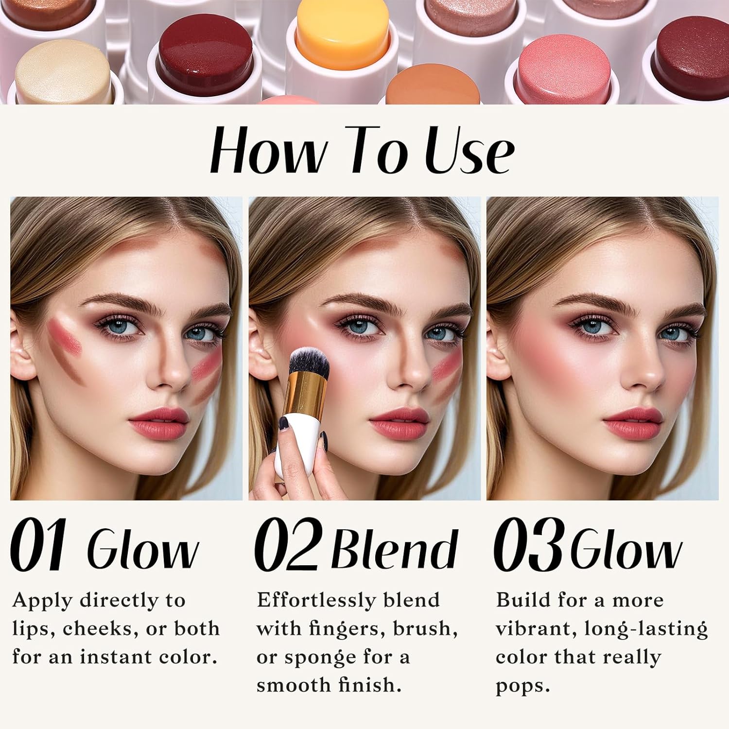 KIMUSE Face Sticks Trio, Cream Blush Stick & Highlighter Stick & Contour Stick for Sculpt the Cheeks, Long Lasting Cream Contour Stick Trio for Face Makeup, with Brush - Image 5
