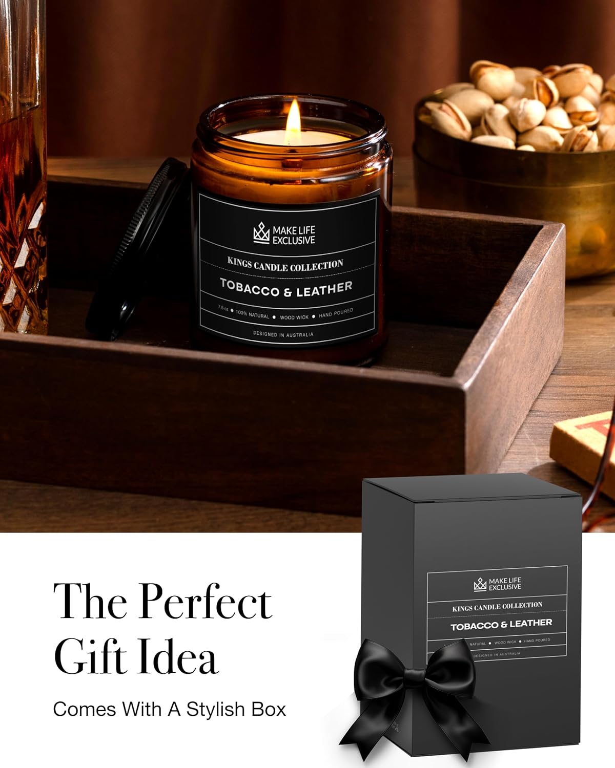 Scented Candles for Men | Tobacco & Leather Scented | Wooden Wick, Long Lasting, Masculine Scents | Natural Soy Jar Candle for Home, Bacehlor Pad Decor | The Perfect Mens Gift - Image 4