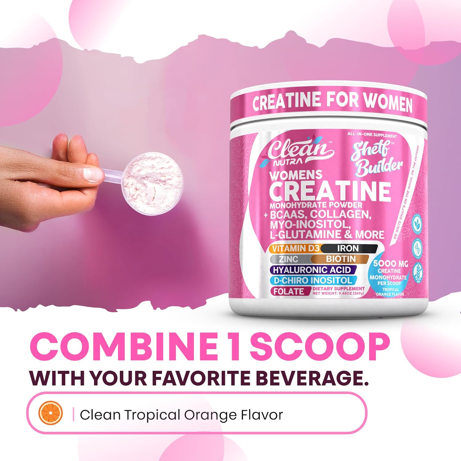 Creatine for Women | Creatine Monohydrate + BCAA Powder Myo-Inositol Collagen Biotin Hyaluronic Acid Folate L Glutamine Vitamin D3 Iron Zinc D-Chiro-Maca Digestion Shelf Builder by Clean Nutra - Image 8