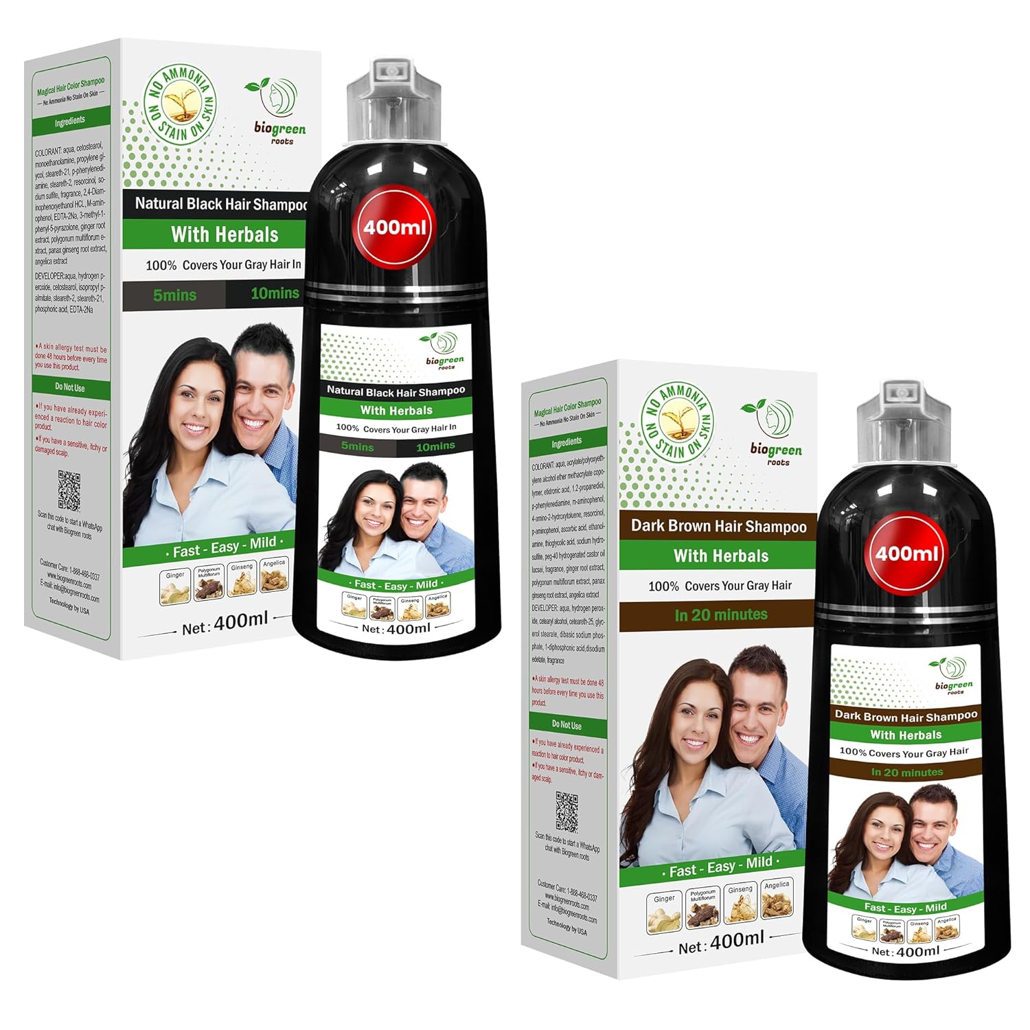 Ammonia-Free Herbal Hair Shampoo – Effectively Covers Gray Hair for Men & Women – Natural Color & Herbal Nourishment – No Stain on Skin – Natural Black & Dark Brown (400 ml)