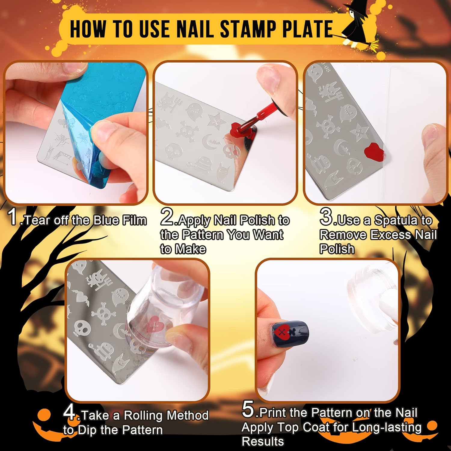 10Pcs Halloween Nail Stamp Plate Kit, 6Pcs Nail Art Image Templates 2 Stamper 2 Scraper Pumpkin Bat Witch Spider Owl for DIY Holiday Nail Art Stamping Stencils Design(Halloween Style) - Image 4