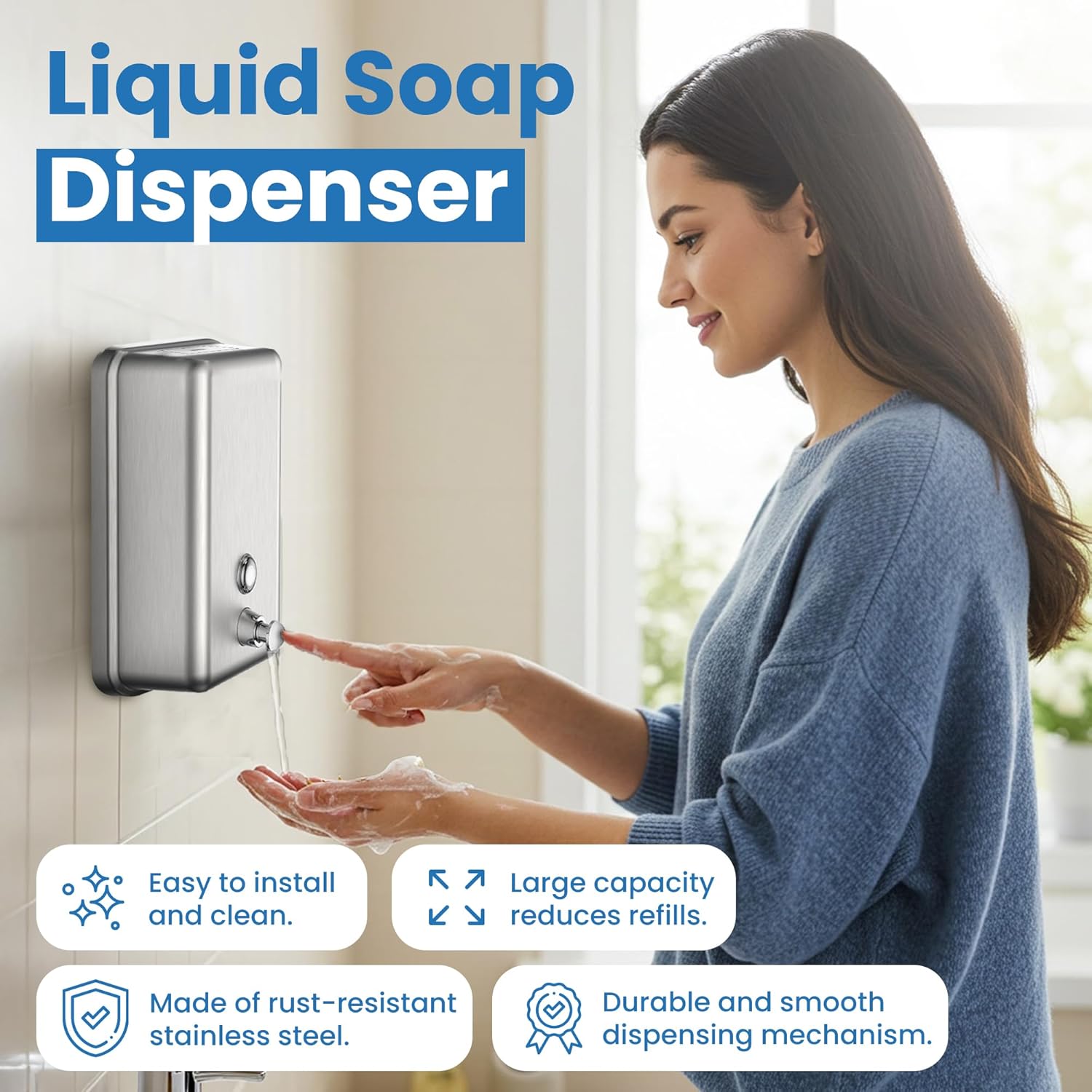 Stainless Steel Manual Soap Dispenser 17 fl oz for Bathroom Kitchen - Image 7