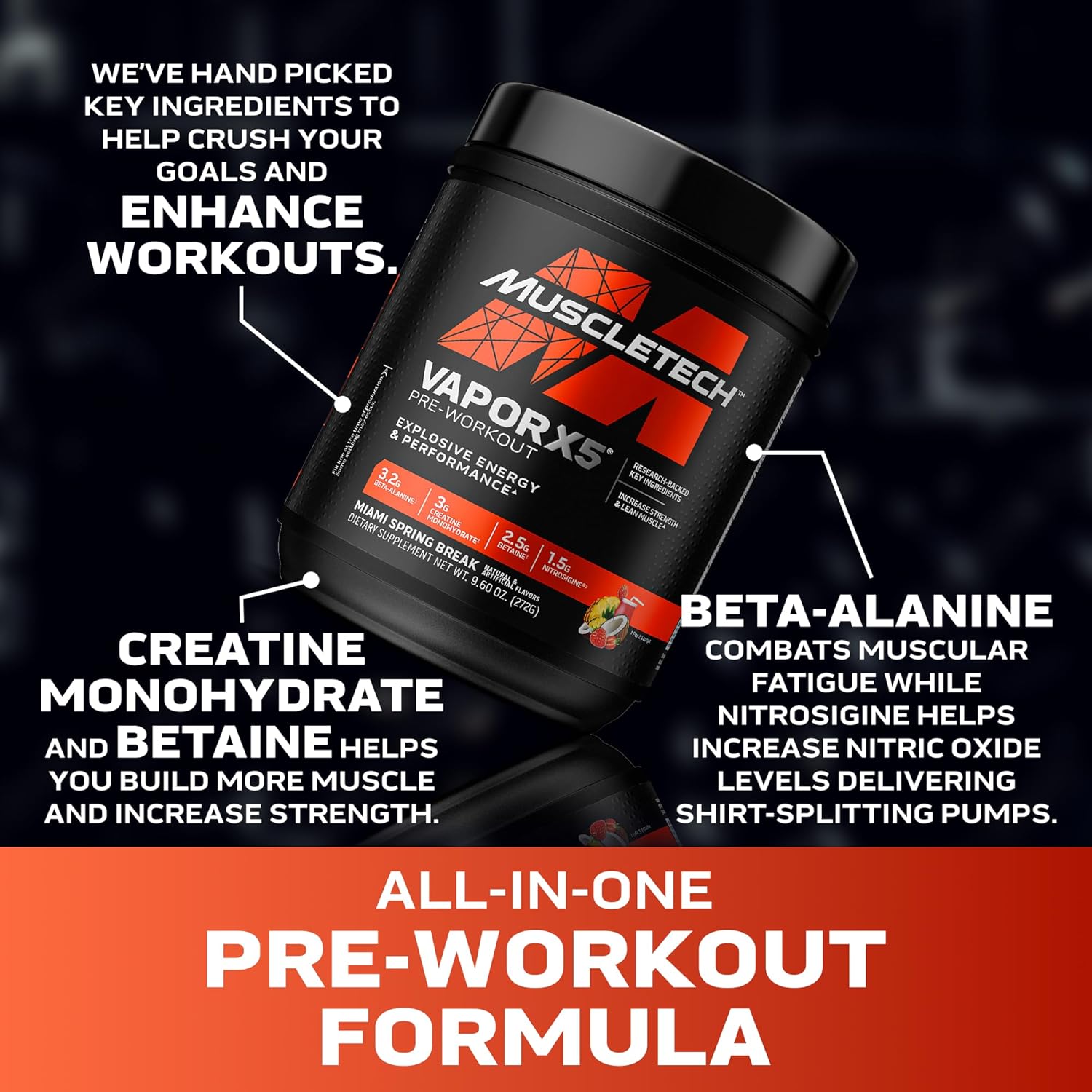 MuscleTech Pre-Workout Powder, Vapor X5 - Sports Nutrition Muscle Building Supplements for Women & Men - Intense Muscle Pump Energy Powder Drink Mix - Miami Spring Break, 272g (30 Servings) - Image 3