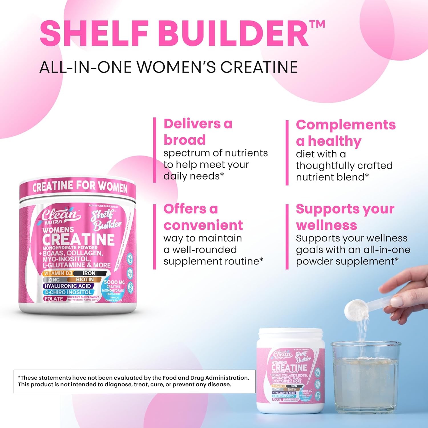 Creatine for Women | Creatine Monohydrate + BCAA Powder Myo-Inositol Collagen Biotin Hyaluronic Acid Folate L Glutamine Vitamin D3 Iron Zinc D-Chiro-Maca Digestion Shelf Builder by Clean Nutra - Image 6