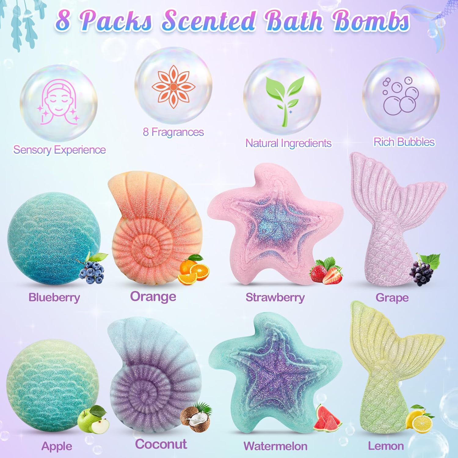 8 Packs Bath Bombs for Kids Girls, Mermaid Bath Bomb with Surprise Toys Inside, Princess Bubble Bath Toys for Kids Aged 4-8, Christmas Birthday Gifts for Girls 3 4 5 6 7 8 - Image 2