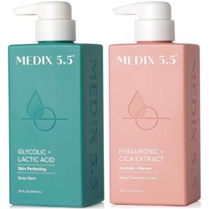 Medix 5.5 Exfoliating AHA Glycolic Acid Face & Body Wash Cleanser + Hyaluronic Acid Moisturizing Body Cream Lotion Skin Care 2PC Set | Alpha Hydroxy Acid & Lactic Acid Foaming Face Wash