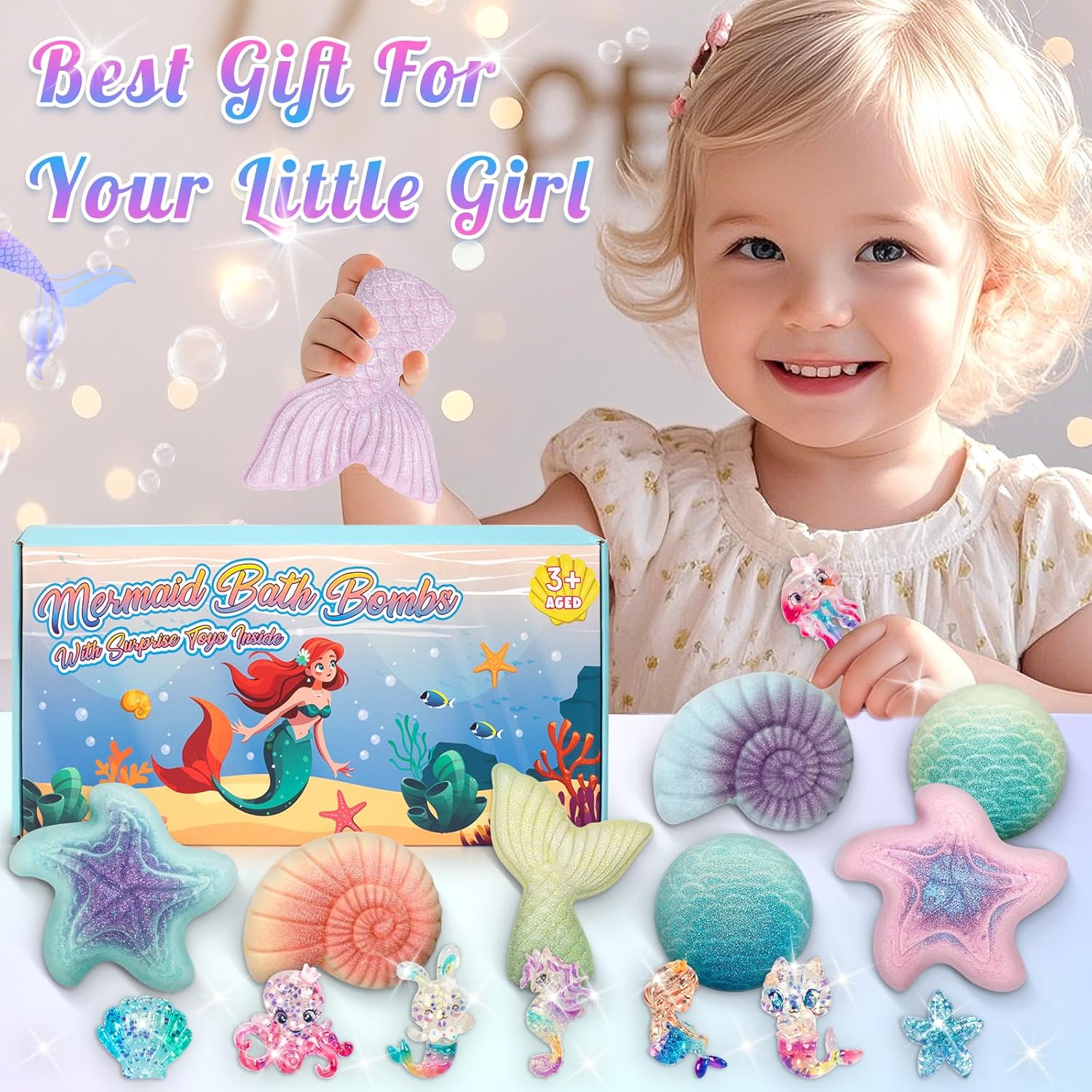 8 Packs Bath Bombs for Kids Girls, Mermaid Bath Bomb with Surprise Toys Inside, Princess Bubble Bath Toys for Kids Aged 4-8, Christmas Birthday Gifts for Girls 3 4 5 6 7 8 - Image 6