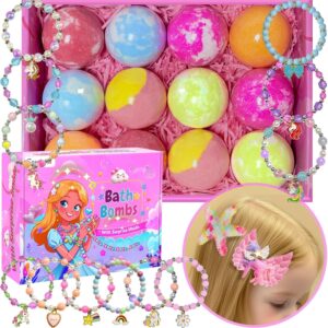 Bath Bombs for Kids Girls with Surprise Toys Inside, 12pcs Handmade Fizzies Spa Bath Bomb with Jewelry Toys Inside Gifts for Girls Birthday, Christmas, Bubble Dry Skin Moisturize Bath Ball