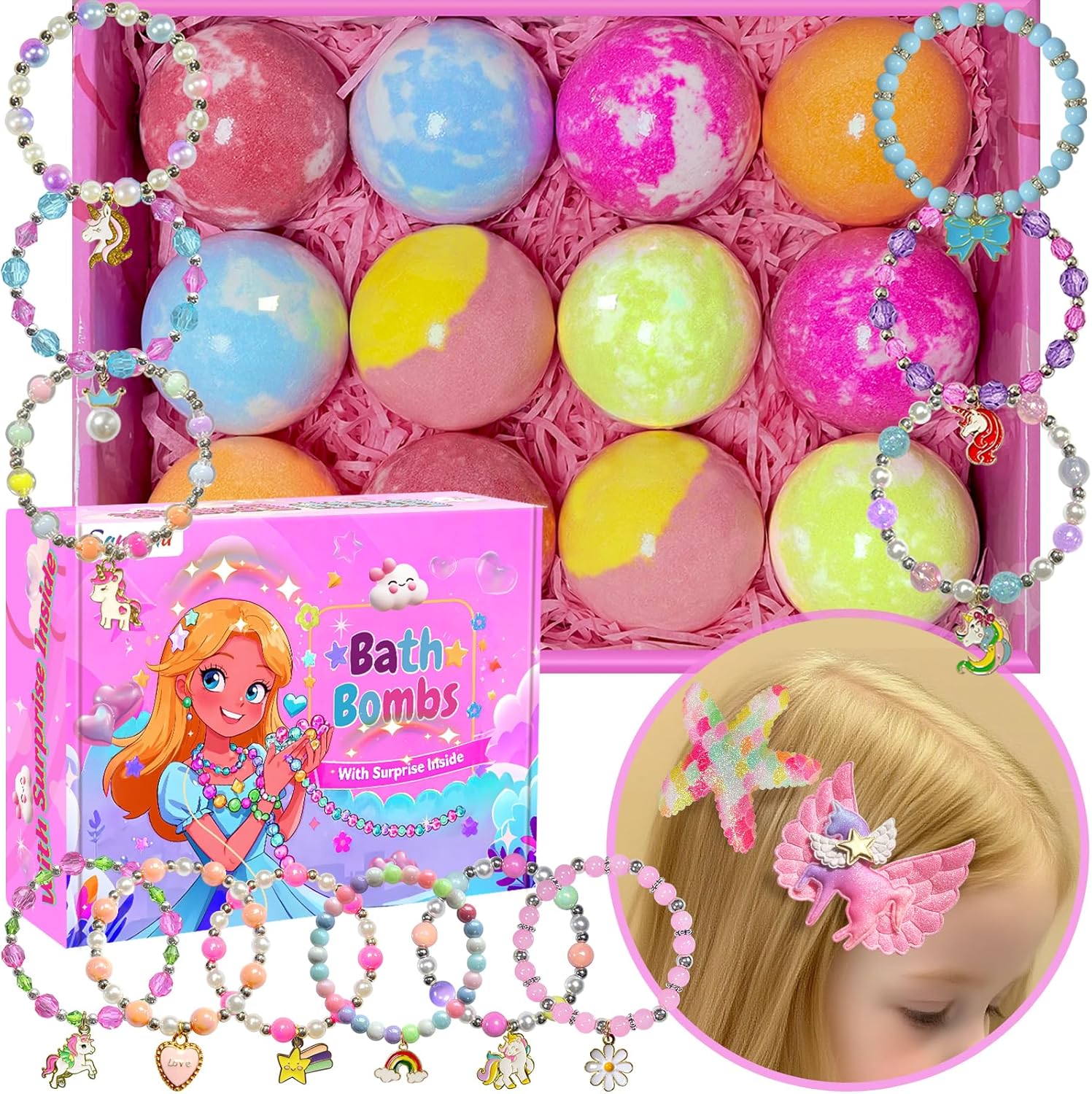 Bath Bombs for Kids Girls with Surprise Toys Inside, 12pcs Handmade Fizzies Spa Bath Bomb with Jewelry Toys Inside Gifts for Girls Birthday, Christmas, Bubble Dry Skin Moisturize Bath Ball