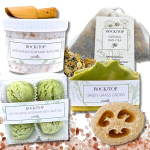 | 6 Lemongrass Rosemary Self Care Gifts for Women, Aromatherapy Epsom Salt Bath Soak, Lavender Soap, Bath Bombs, Bath Salts with Plant Based Loofa Dry Brushing Body Brush Gift
