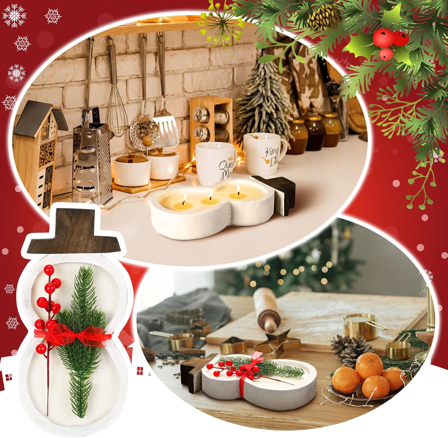 Hand-Carved Wooden Snowman Dough Bowl Candle with Farmhouse Style for Gifts - Image 4