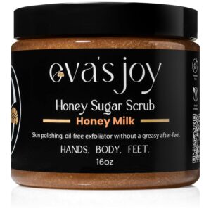 Eva’s Joy Honey Milk Sugar Scrub, Hydrating & Exfoliating, Moisturizing & Skin-Smoothing, Reduces Rough Patches, Gentle Body Scrub, 16 oz
