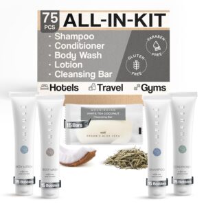 Infuse Pure White Tea and Coconut All-In-Kit Hotel Soaps and Toiletries Bulk Set | 1oz Shampoo & Conditioner, Body Wash, Lotion & 1.25oz Bar Soap | Travel Size 75 Pieces.