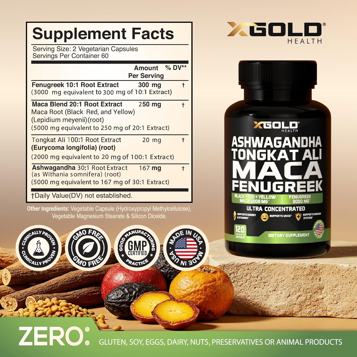 Ashwagandha 5000mg, Tongkat Ali 1000mg, Maca 5000mg, Fenugreek 3000mg Men & Women 60 Count Capsules - Image 2