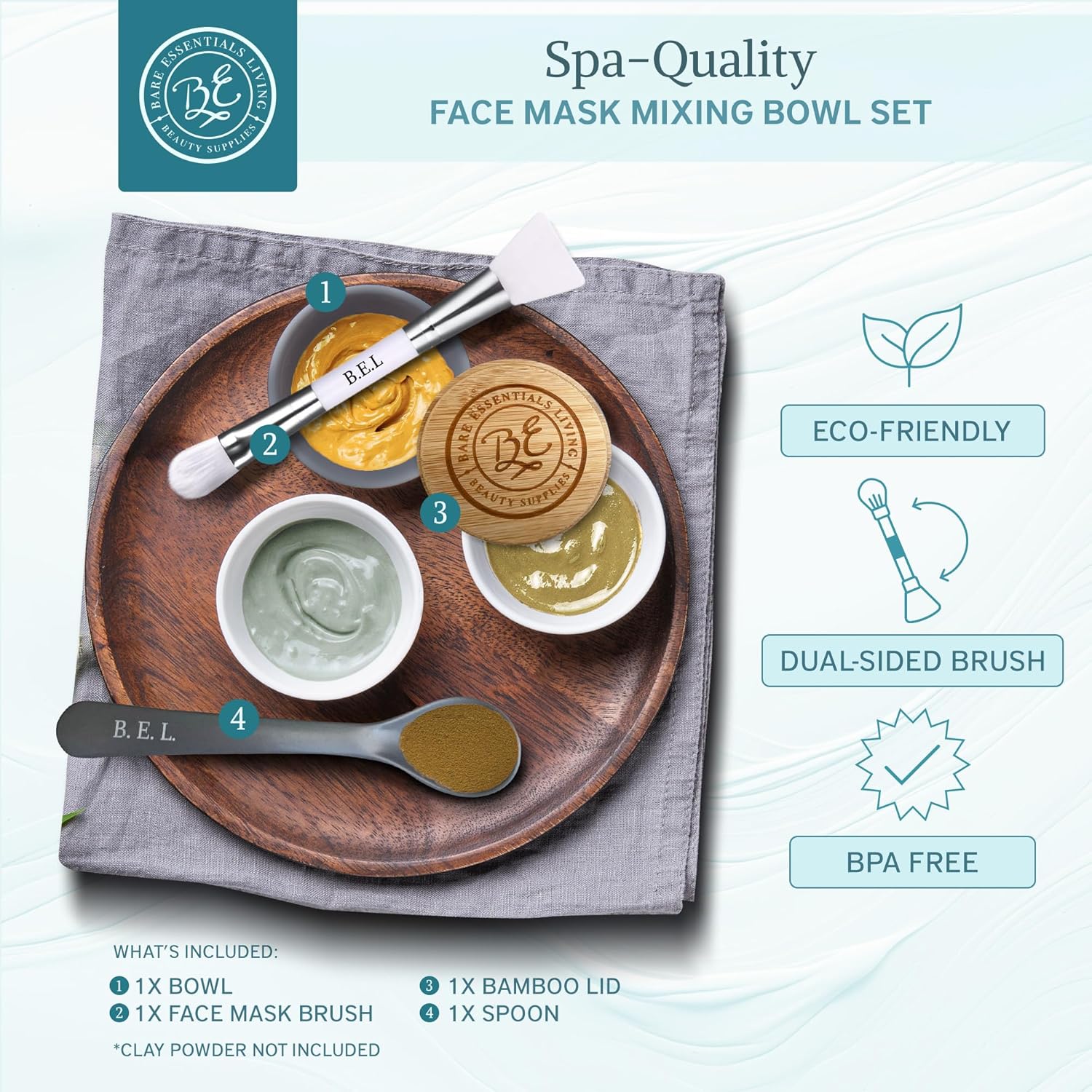 Grey Clay Face Mask Mixing Bowl Set with Bamboo Lid, Spoon, and Dual-Sided Brush for DIY Skincare - Image 2