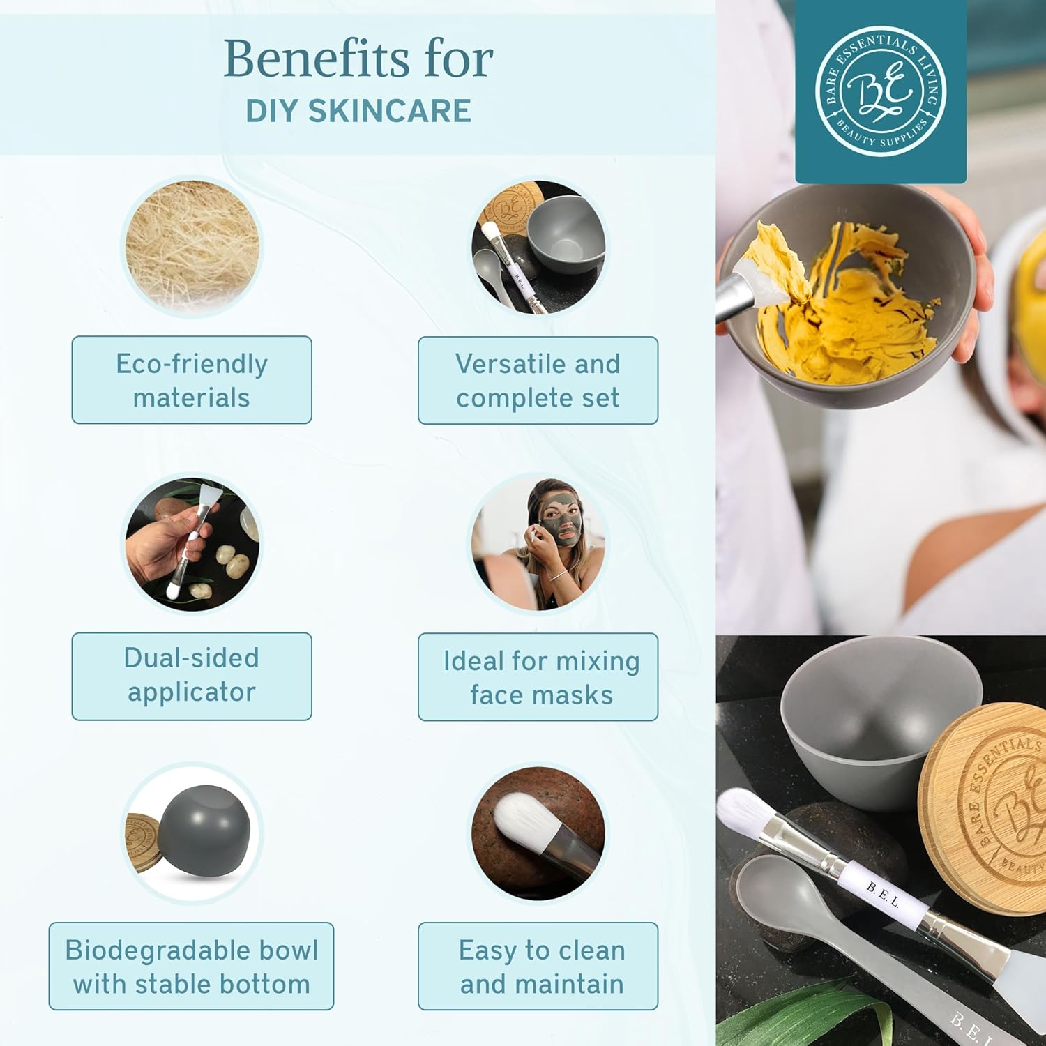 Grey Clay Face Mask Mixing Bowl Set with Bamboo Lid, Spoon, and Dual-Sided Brush for DIY Skincare - Image 3