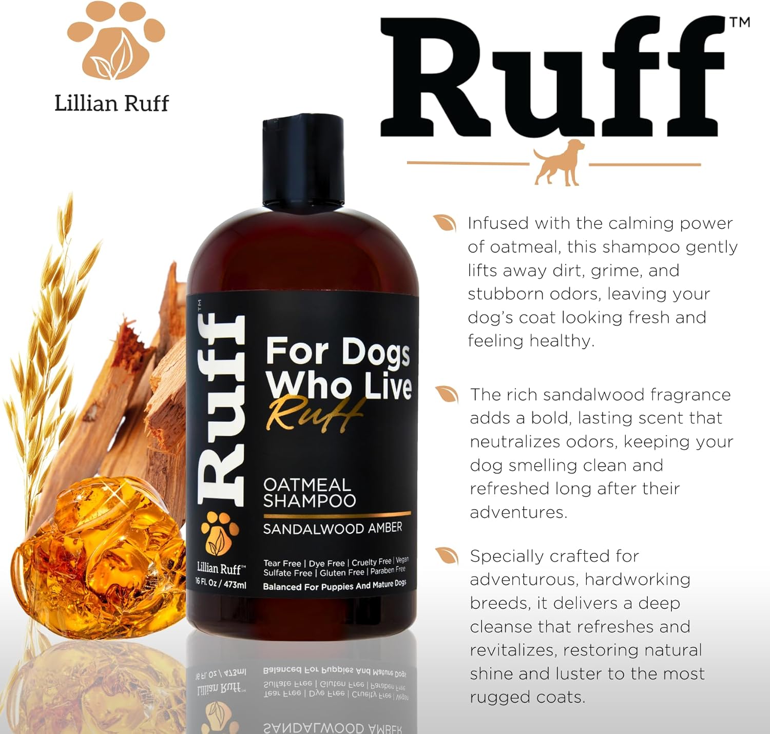 RUFF by Lillian Ruff Oatmeal Dog Shampoo | Sandalwood Amber | Professional Dog Shampoo With Aloe & Coconut Oil | Relieves Itching & Hot Spots | Moisturizing & Deodorizing | Safe for Puppies | USA Made - Image 3
