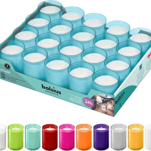 BOLSIUS 24 Hour Votive Candles - 20 Pack Party Candles in Blue Unbreakable Plastic Cups - Premium European Quality - Unscented Smooth and Smokeless Relight Candles