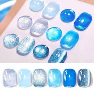BORN PRETTY 4th of July Gel Nail Polish Blue Series,Jelly Transparent,Cat Magnetic Eye,Shimmer Glitter Holographic Blue Gel Polish Kit for Salon Manicure and Nail Art DIY at Home 6Colors