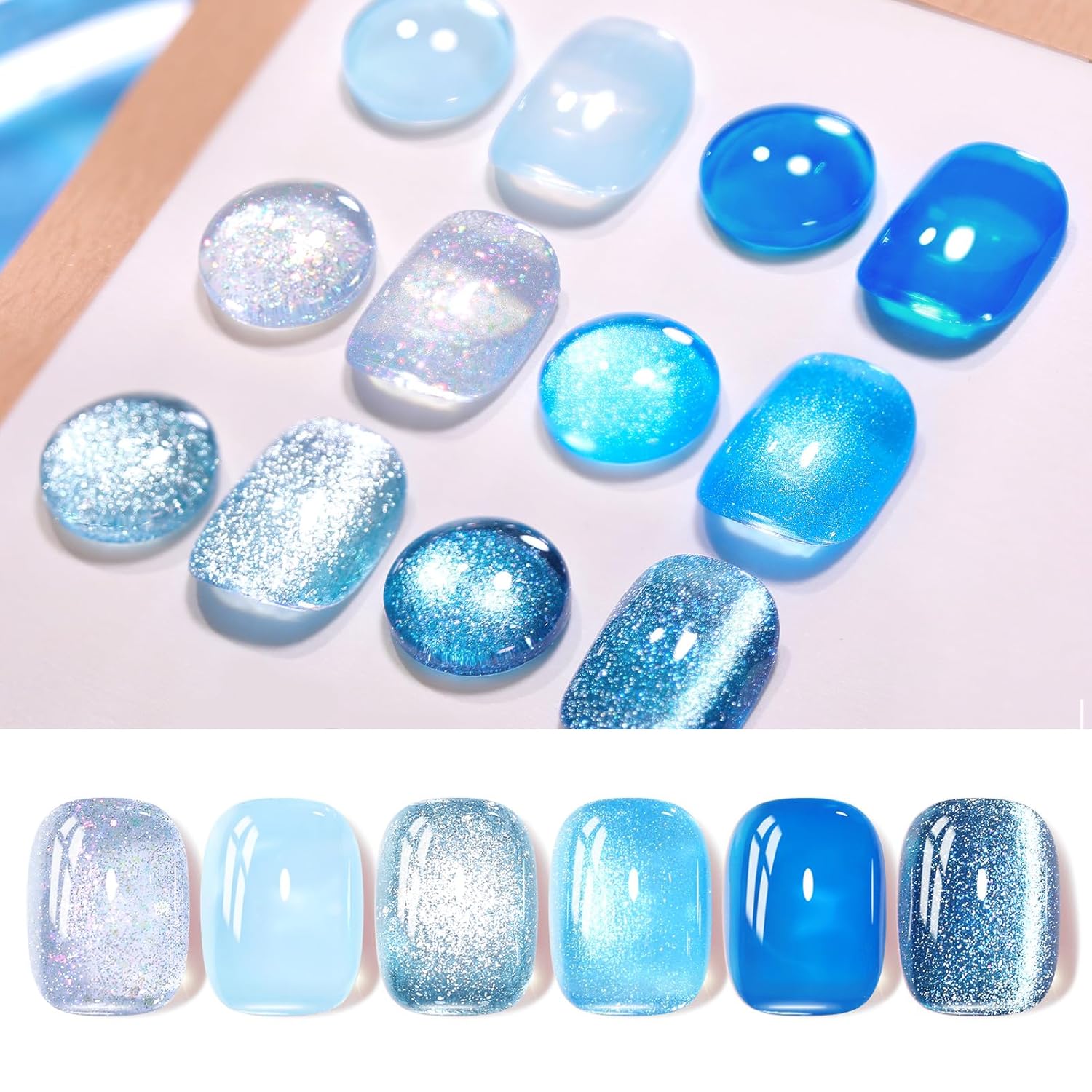 BORN PRETTY 4th of July Gel Nail Polish Blue Series,Jelly Transparent,Cat Magnetic Eye,Shimmer Glitter Holographic Blue Gel Polish Kit for Salon Manicure and Nail Art DIY at Home 6Colors