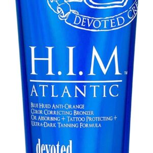Devoted Creations H.I.M Atlantic Tanning Lotion - Blue Hued Anti-Orange Color Correcting Bronzer - Oil Absorbing + Tattoo Protecting + Ultra-Dark Tanning Formula 8.5 oz.