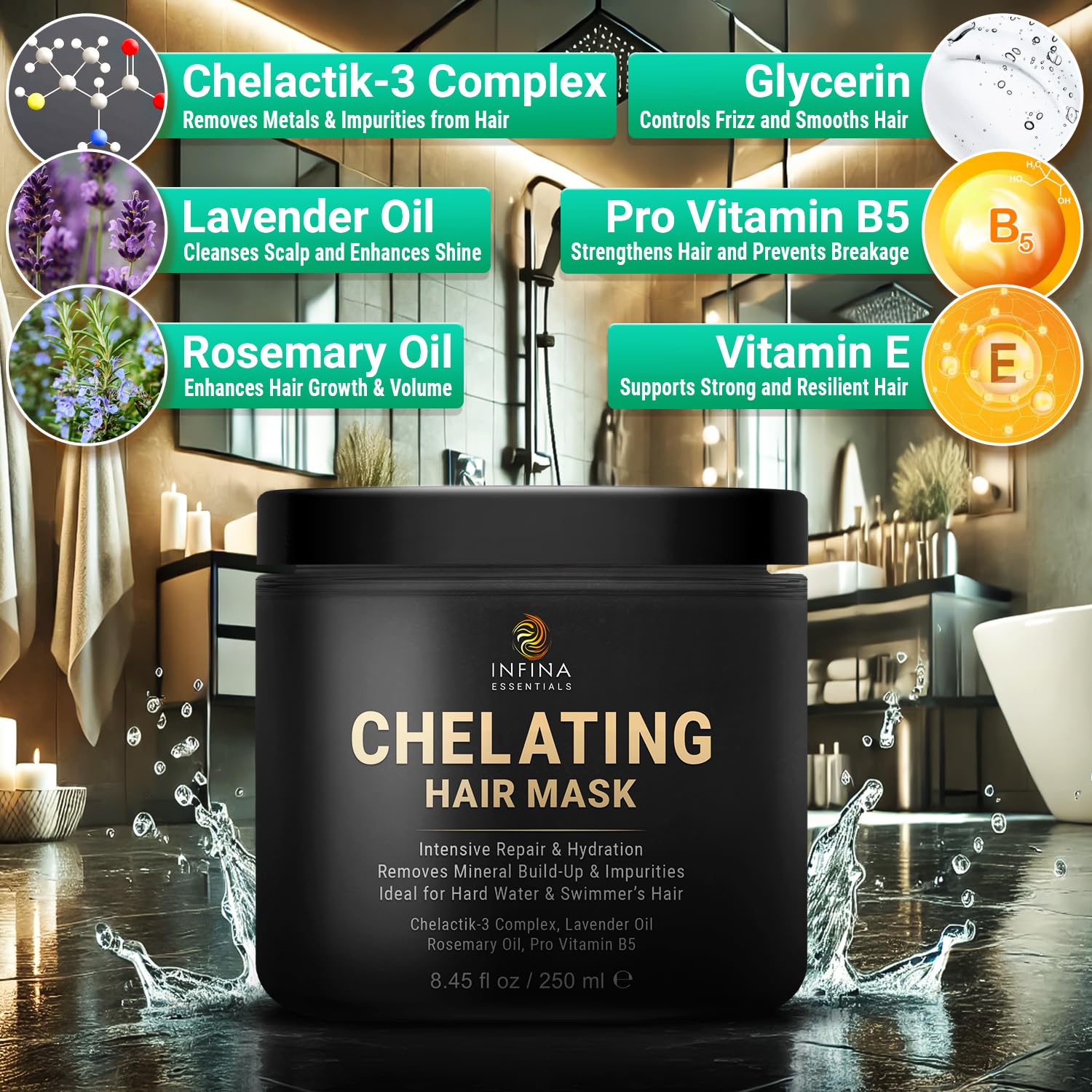 Chelating Metal Detox Hair Mask - Ion Hair Mask with Chelactik-3 & Rosemary Oil, Hair Build Up Remover for Hard Water Hair Treatments, Swimmers & Color-Treated Hair - 8.45 fl oz - Image 3