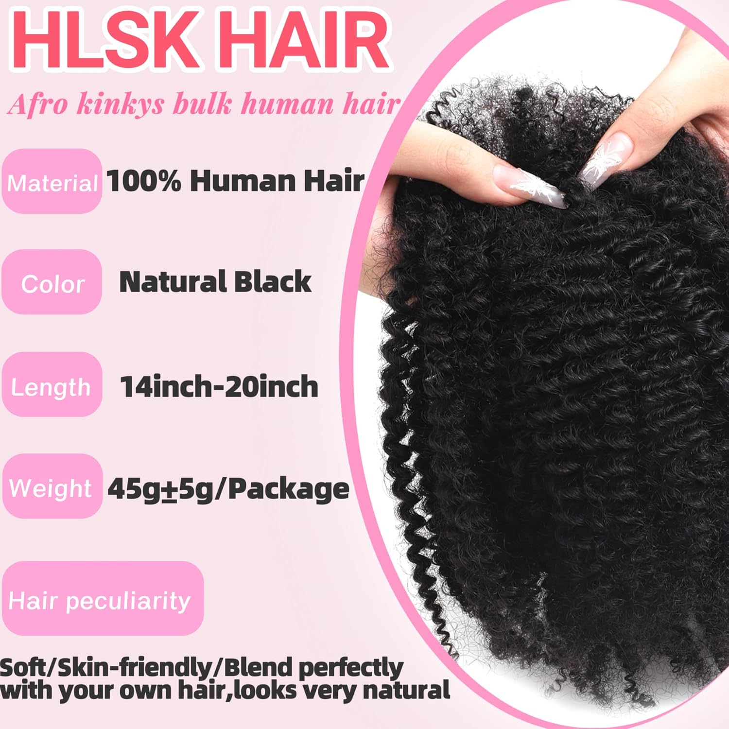 Afro Kinkys Bulk Human Hair 14 Inch 45g±5g/Pack for Dreadlock Extensions,Repair Locs, Twists and Braids Afro Kinky Curly bulk 100% Human Hair Natural Black Color (Natural Black, 14 inch) - Image 2