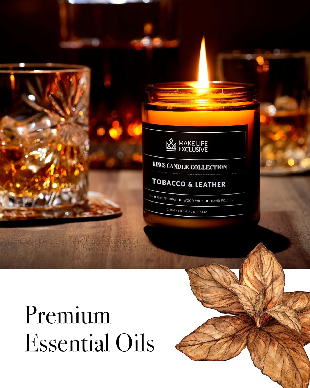 Scented Candles for Men | Tobacco & Leather Scented | Wooden Wick, Long Lasting, Masculine Scents | Natural Soy Jar Candle for Home, Bacehlor Pad Decor | The Perfect Mens Gift - Image 6