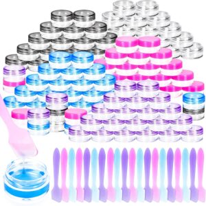 MotBach 100 Pcs 5g Empty Plastic Containers with Colored Lids,Mini Makeup Sample Containers, Small Sample Pot Jars Round Cosmetic Jars with Mini Spatulas for Liquid Sample Powder Creams Lotions
