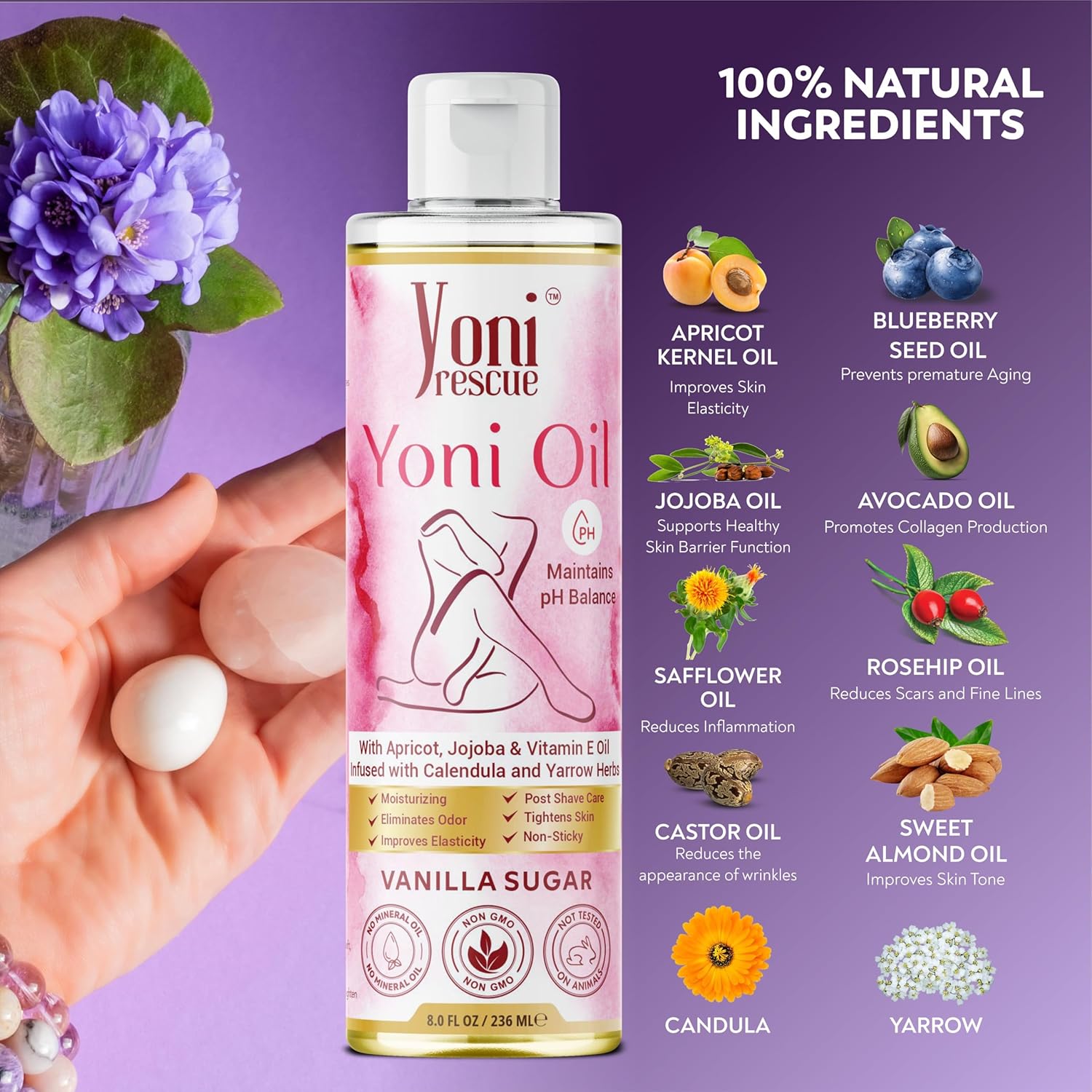 Yoni Oil for Women 8 oz with Apricot, Jojoba, Vitamin E for Dark Spots and Odor Relief - Image 3