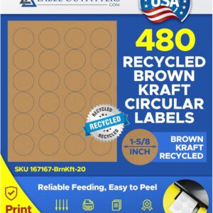 480 Label Outfitters Blank Printable Brown Kraft Recycled Craft Round Labels 1-5/8” Diameter 20 Sheets
