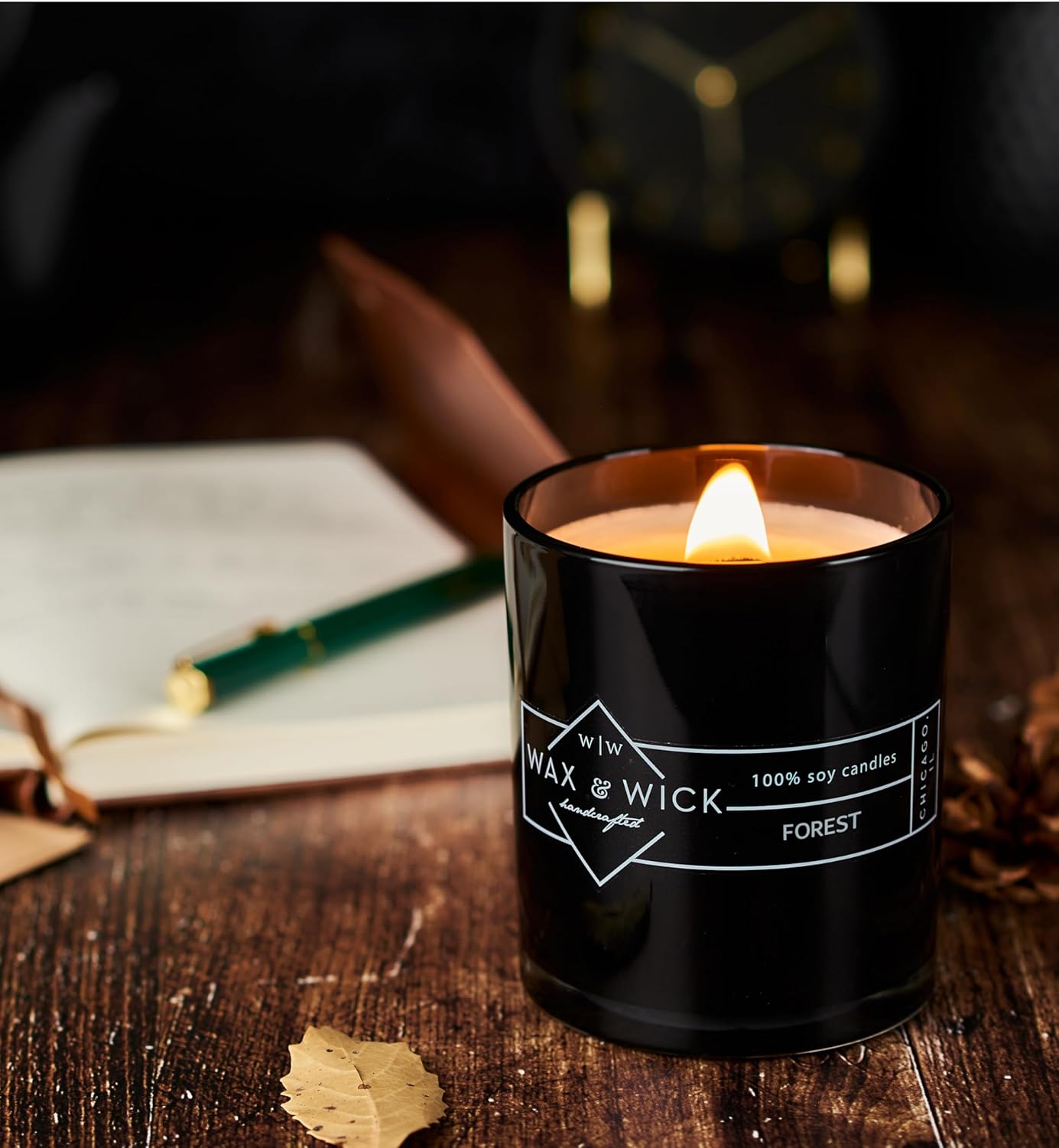 Wax and Wick 12oz Double Wood Wick Forest Scent Soy Candle Black Jar - Image 3
