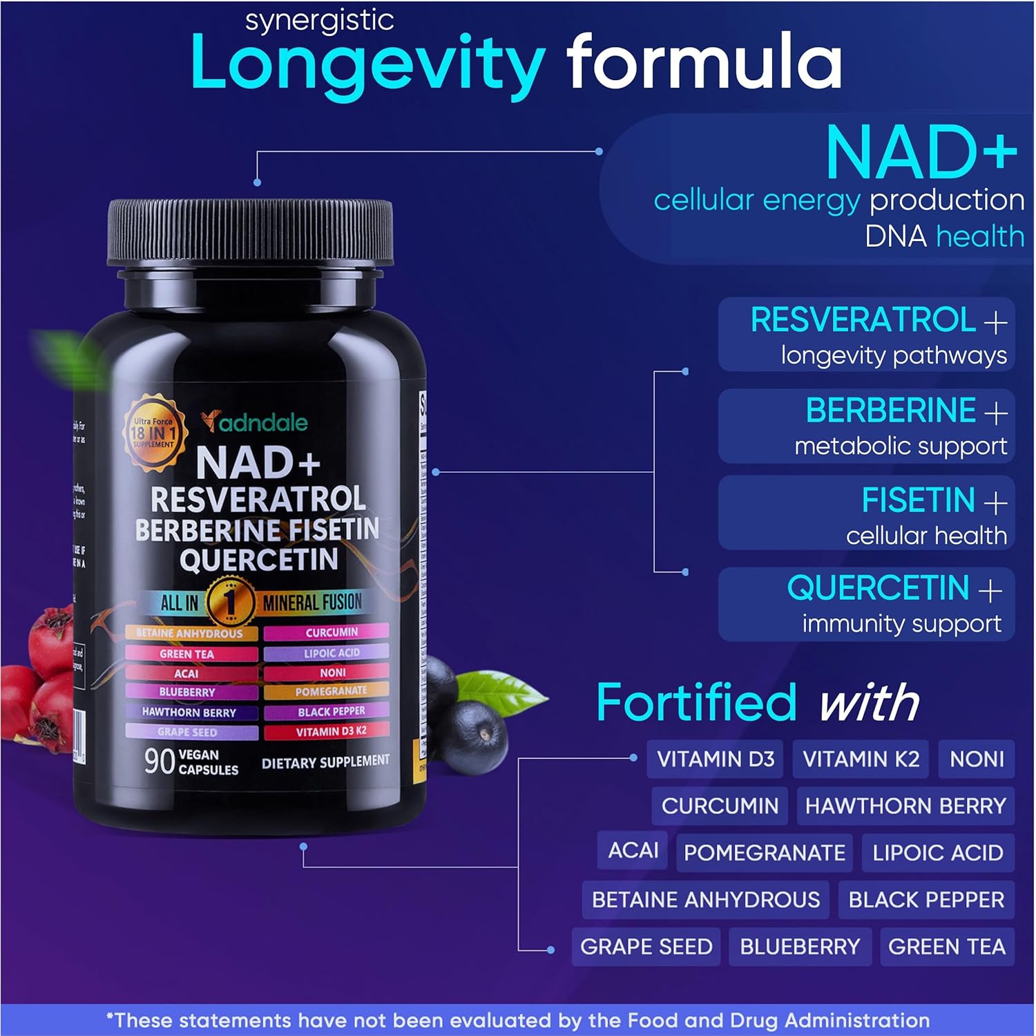 NAD Supplement. Longevity Formula with Liposomal NAD+, Trans Resveratrol, Quercetin, Berberine, Betaine Anhydrous, Grape Seed, Fisetin. NAD Resveratrol Supplement with Berberine 90 Capsules. - Image 2