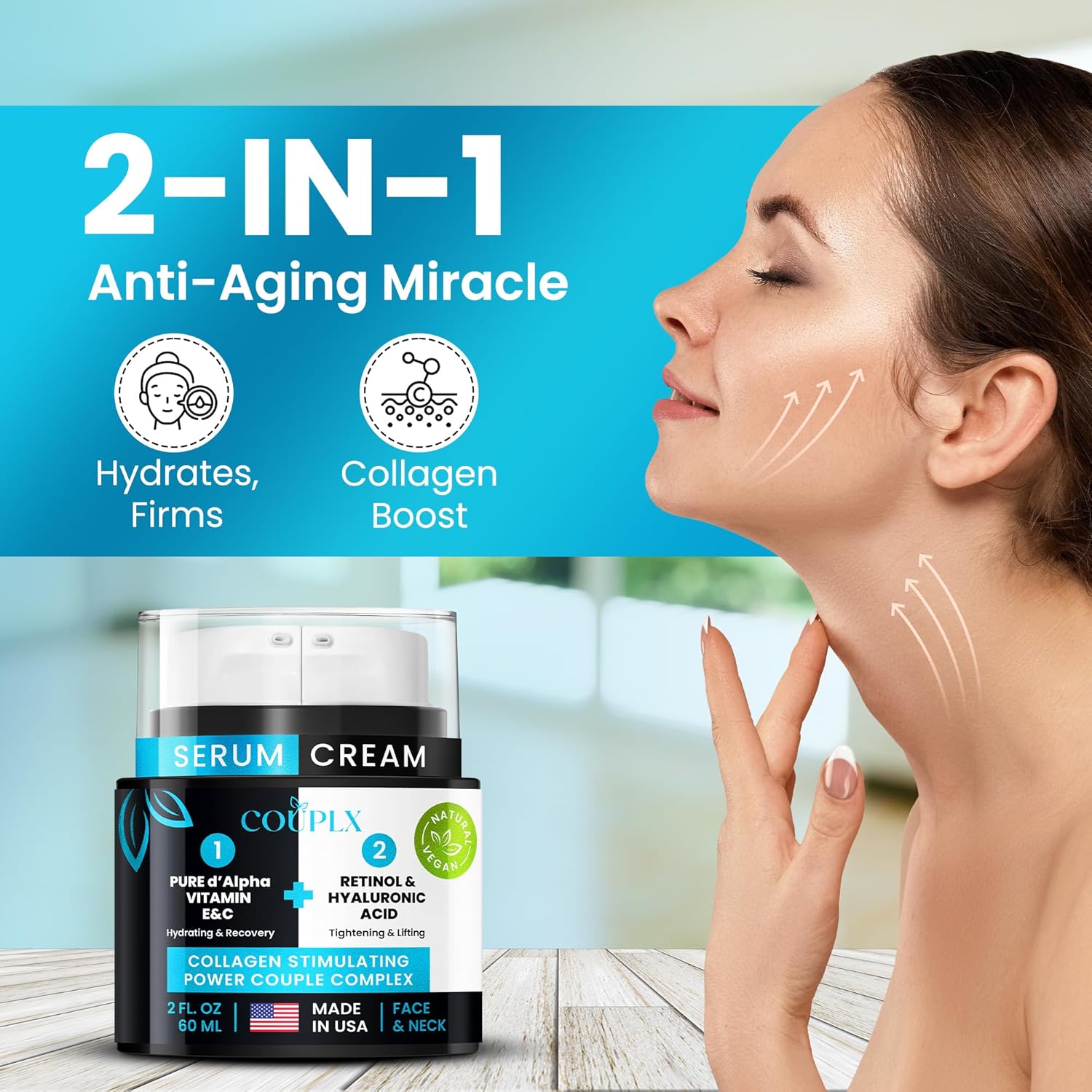 2-in-1 Collagen Booster, Retinol & Hyaluronic Acid Cream & Serum, Anti-Aging, Lifting Skin-Tightening Moisturizer for Men & Women, Neck and Décolleté, Made in USA Daily Moisturizer Face Cream, 2.0 oz - Image 2