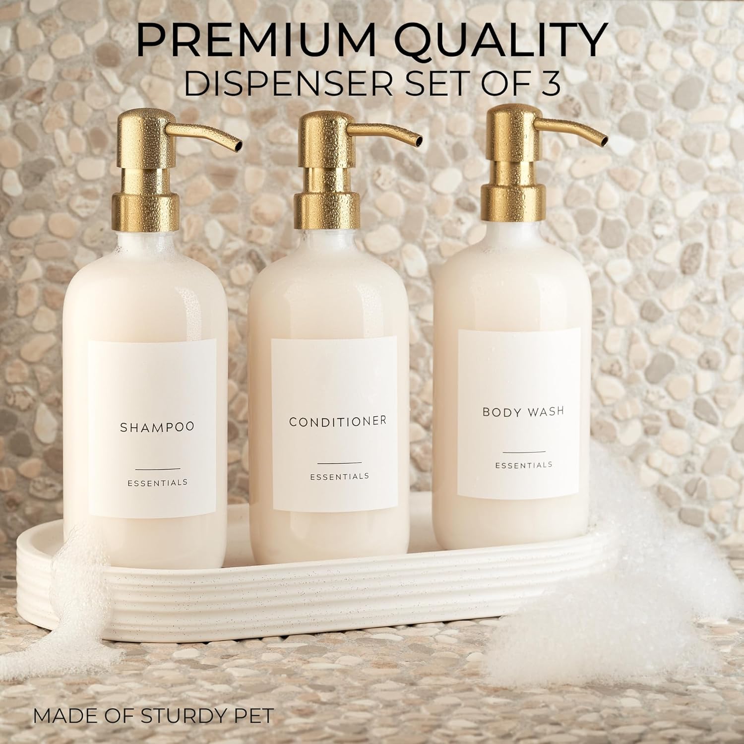 Modern Clear 21oz Shampoo and Conditioner Dispenser Set of 3 with Pumps and Labels for Bathroom Decor - Image 2