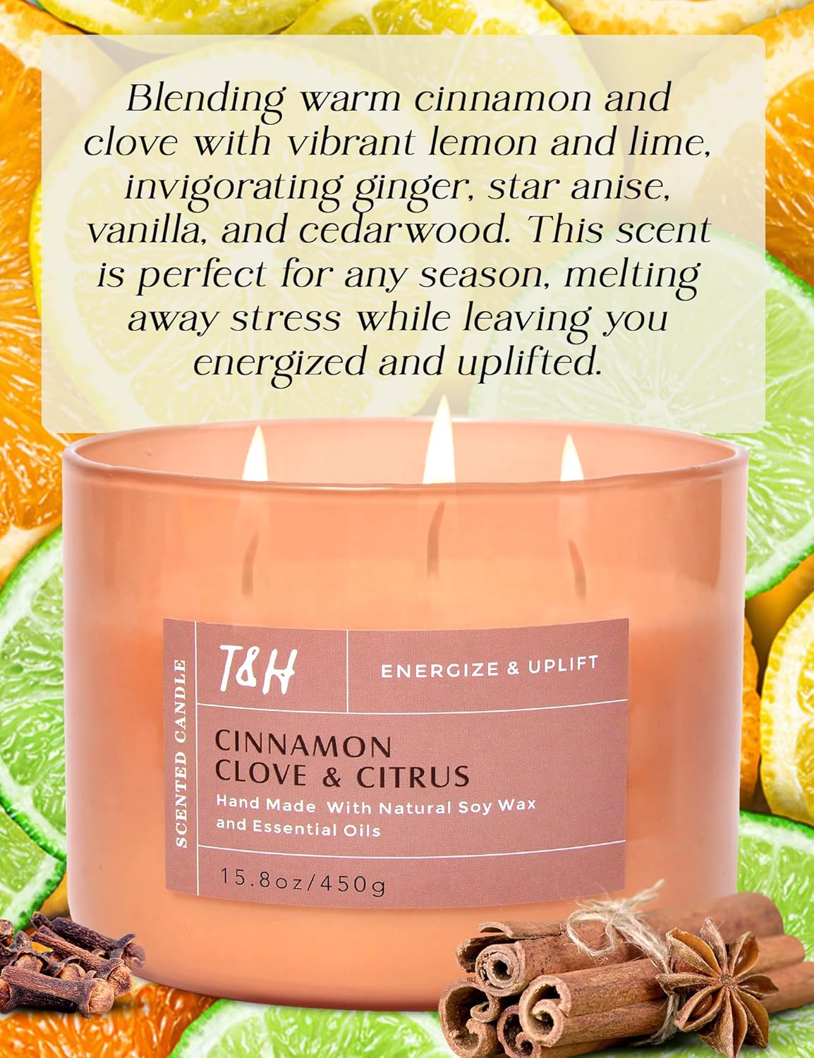 Cinnamon Clove Citrus 3 Wick Scented Candle | Large Soy Candles for Home 15.8 oz | Uplifting Candle for Men and Women | Relaxing Aromatherapy Candle Gift | Cozy Candles Long Lasting Scent - Image 2