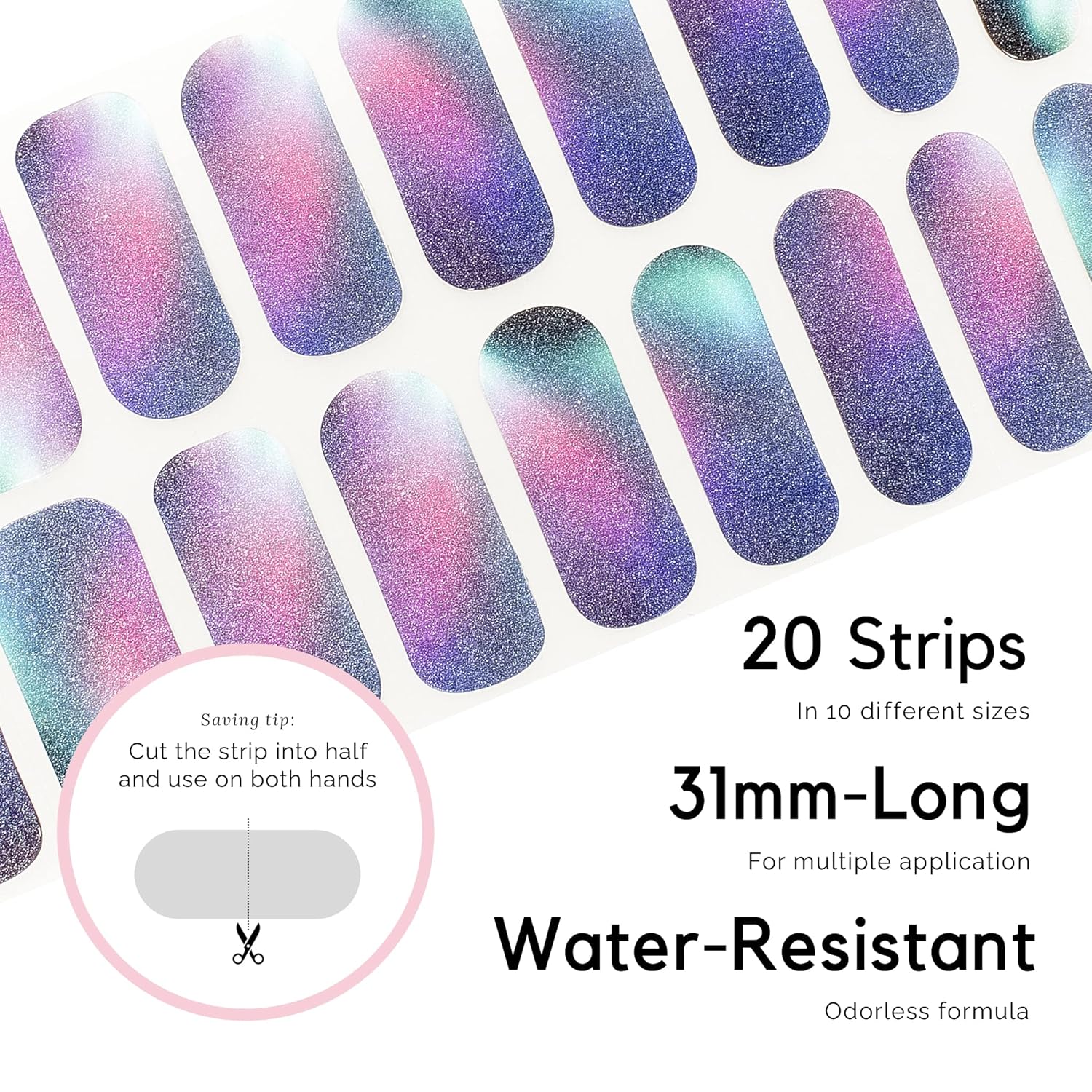 Semi Cured Gel Nail Strips, NAILOG 20pcs Long Lasting Nail Stickers Work with Any UV Light, Wraps with Glossy Gel Finishing for Women Girls Kids DIY Gift│Aurora - Image 4