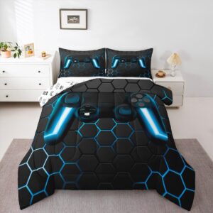 Erosebridal Gaming Bedding Sets for Boys Game Console Comforter Set for Girls Kids 3D Gaming Geometric Honeycomb Lightweight Microfiber Gamer Comforter Sets (Blue,Full Size)