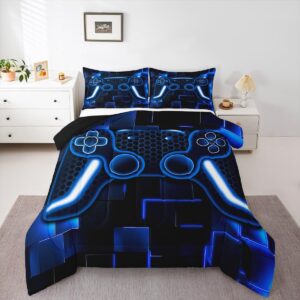 Erosebridal Kids Gamer Comforter Sets Queen Size Blue Game Bedding Set for Boys Teens Girls Bedroom Decor Gaming Ombre Comforter Neon Geometric Square Grid Duvet Set 3Pcs,Soft