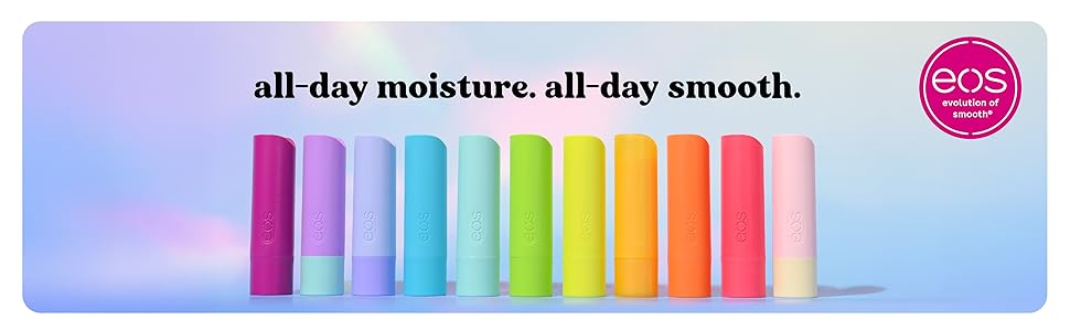 eos lip balms ordered in a rainbow line