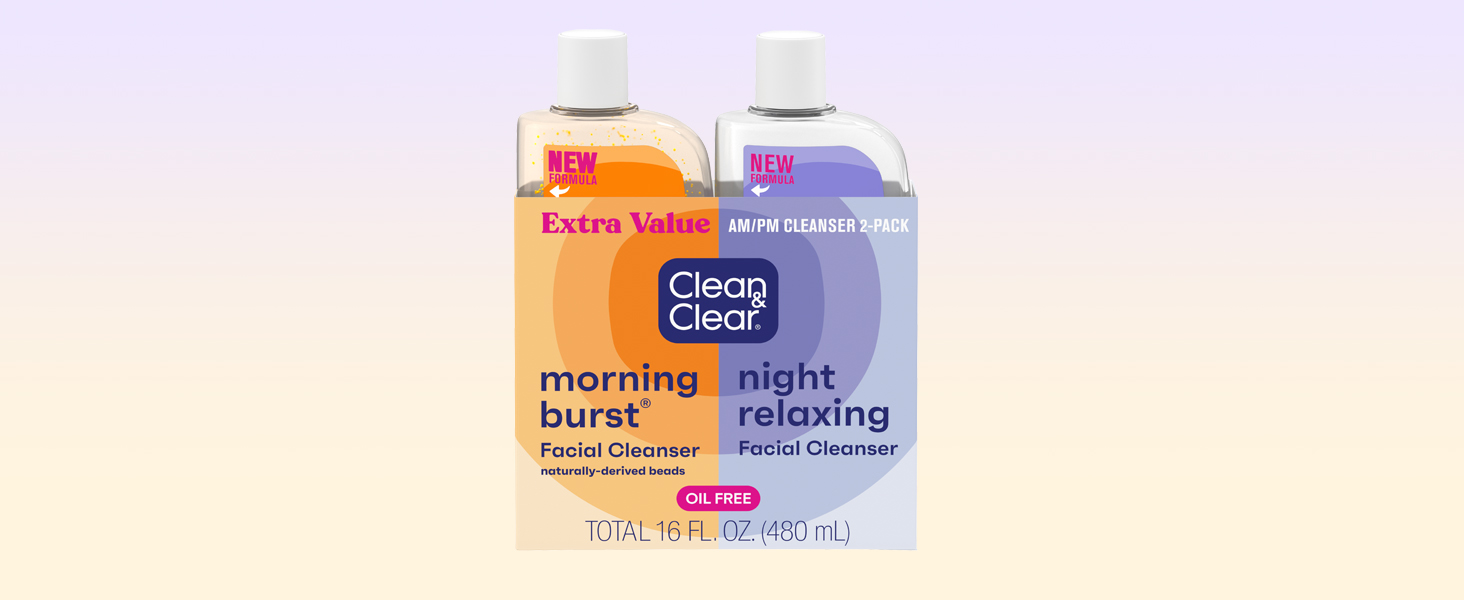 Clean & Clear Night & Day duo on light purple to orange gradiant background