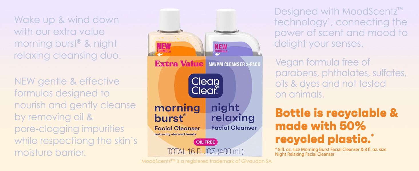 Clean & Clear Night & Day duo on light purple to orange gradiant background, bottles recyclable
